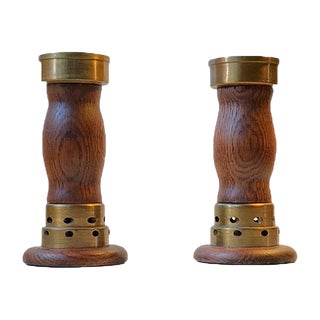 Vintage Danish Church Candleholders in Oak & Bronze, 1950s, Set of 2 For Sale