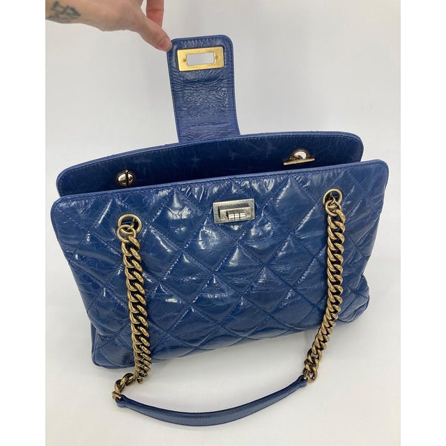 Chanel Blue Glazed Calfskin Quilted Tote Bag For Sale - Image 11 of 12