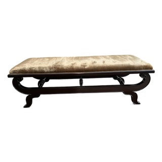 Drexel Heritage Custom Upholstered Dark Wood Bench For Sale