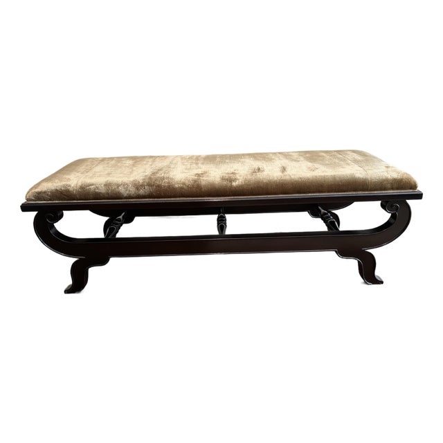 Drexel Heritage Custom Upholstered Dark Wood Bench For Sale