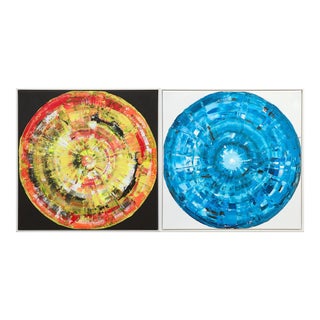 Colored and Blue Circles, Set of 2, Contemporary Paintings on Canvas, Framed For Sale