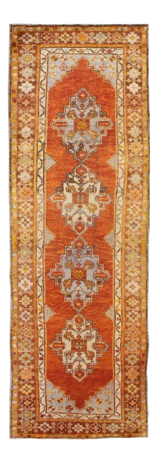 Vintage Turkish Oushak Runner With Geometric Diamond Medallions