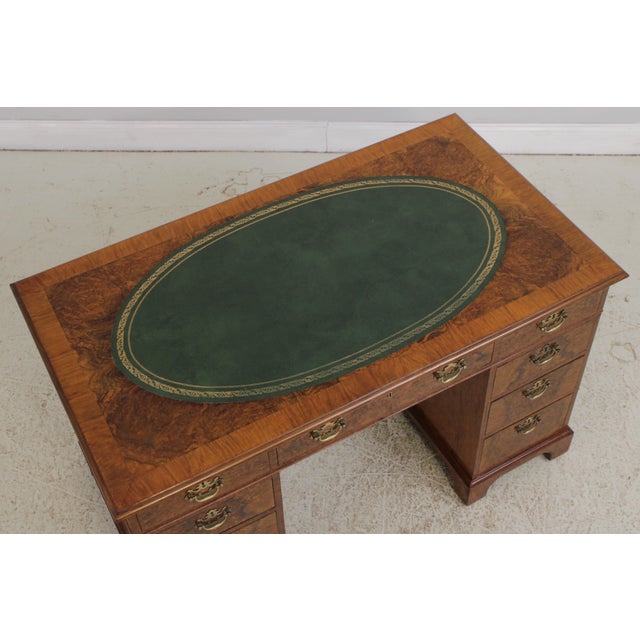 Wood English 3 Part Leather Top Burl Walnut Desk For Sale - Image 7 of 15