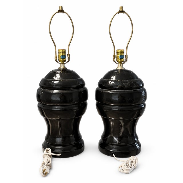 Vintage 1980s Postmodern Black Glazed Ceramic Table Lamps — Pair For Sale In Las Vegas - Image 6 of 9