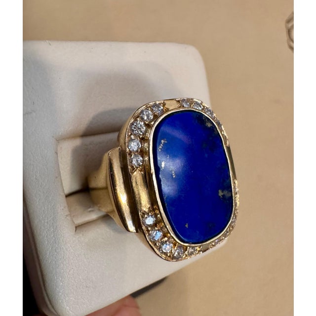 8.5 Ct Emerald cut Natural Lapis Lazuli + Diamond Ring 14 Kt Yellow Gold, 5.5 S For Sale - Image 10 of 18