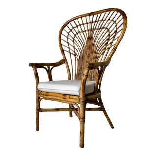 Vintage Coastal Bamboo Rattan Fan Back Chair For Sale