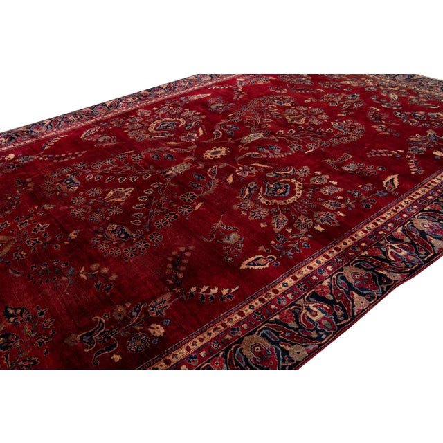 Textile 1920s Red Antique Persian Sarouk Wool Rug Handmade With Classic Floral Design For Sale - Image 7 of 8