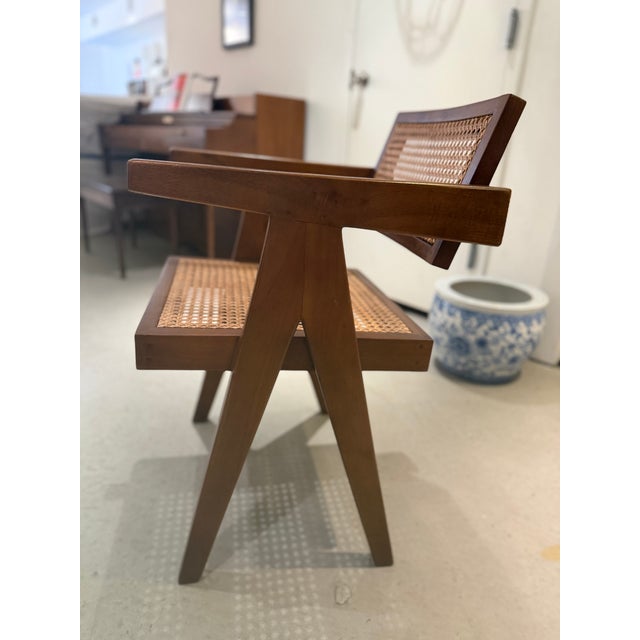 Wood Vintage Teak & Cane Chandigarh-Style Armchair, Pierre Jeanneret Style For Sale - Image 7 of 14