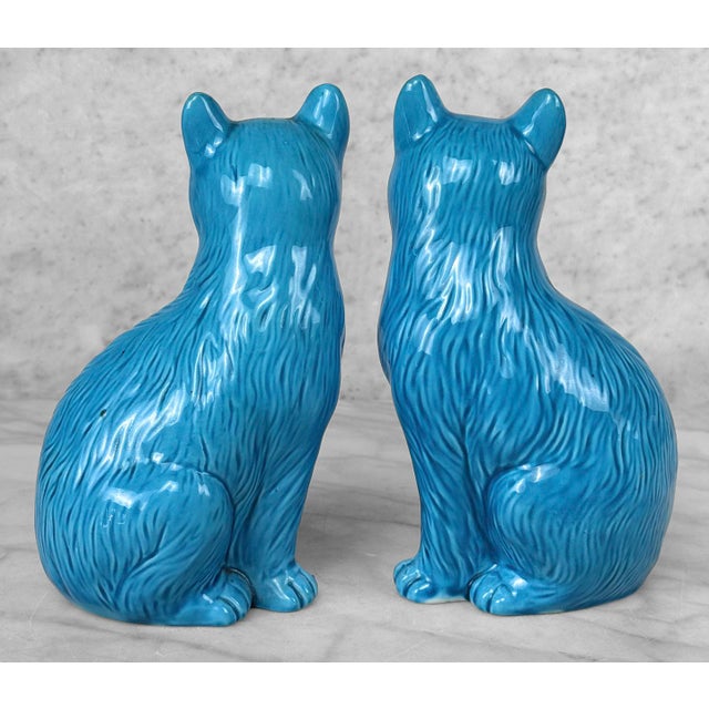 Vintage Chinese Turquoise Blue Glazed Ceramic Mantle Cat Sculpture - A Pair For Sale - Image 6 of 10