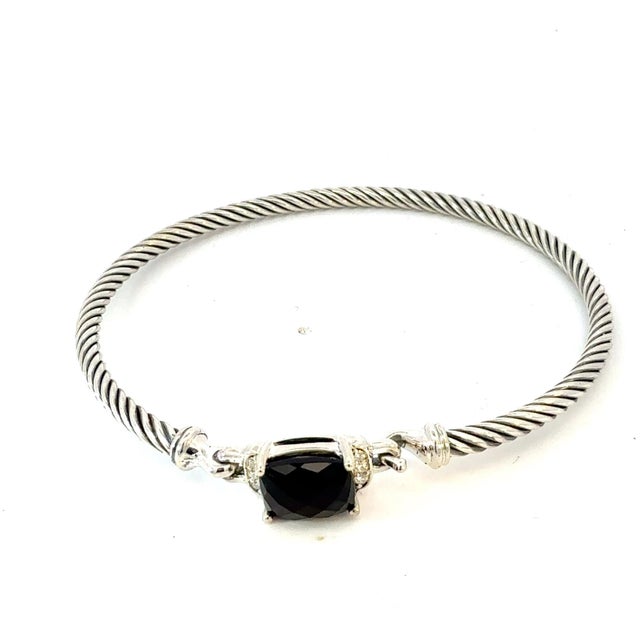 1990s David Yurman Onyx and Diamond 3 mm Cuff Bracelet Silver Estate For Sale In New York - Image 6 of 7