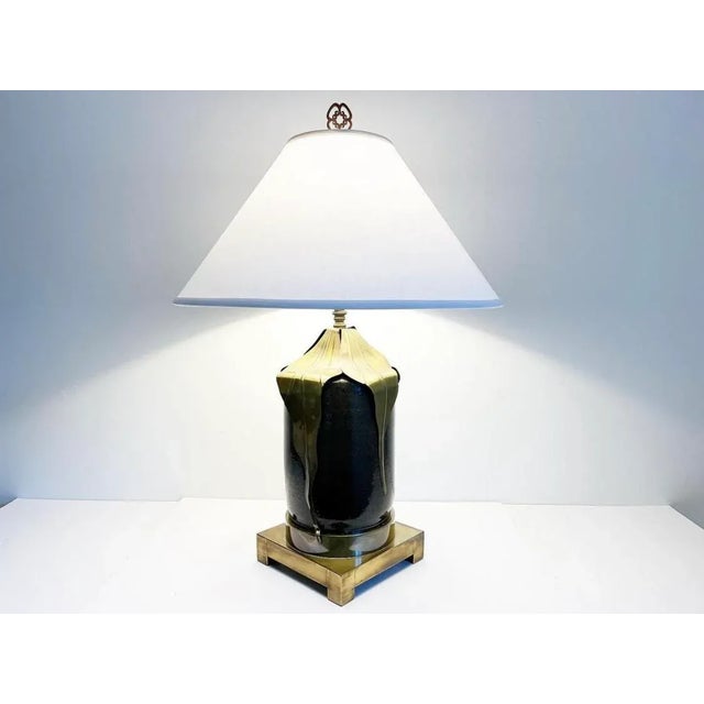 Mid-Century Modern 1970s Ceramic & Brass Leaves Lamp & Shade For Sale - Image 3 of 11