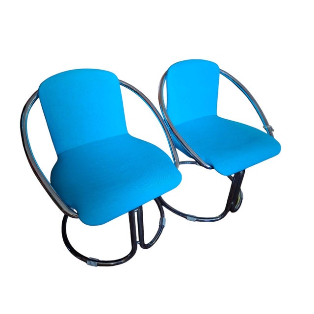 Turquoise Italian Steel and in Turquoise Cotton Upholstery Armchairs, 1960s, Set of 2 For Sale - Image 8 of 18