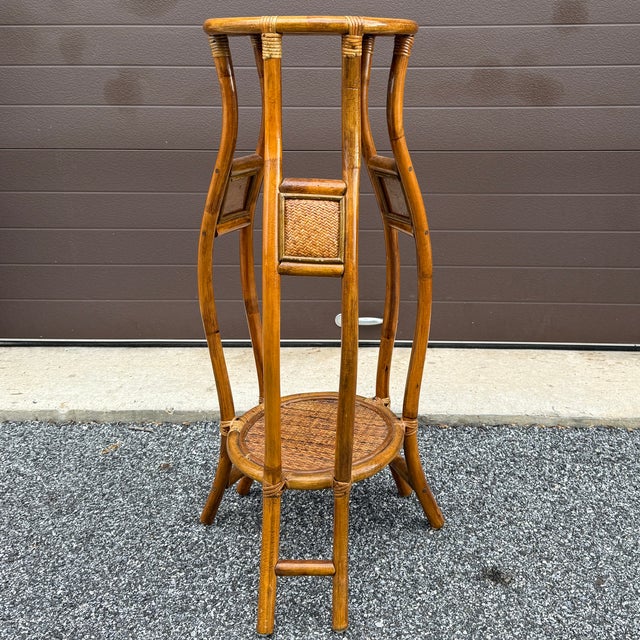Bulbous 1970s Rattan 2 Tier 36" Plant Stand For Sale - Image 4 of 11