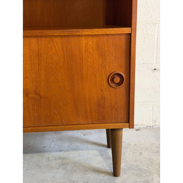 Wood Vintage Danish Modern Teak Bookcase Cabinet Sliding Doors Mid Century Scandinavian Shelf For Sale - Image 7 of 9