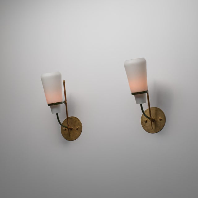Vintage Italian Sconces in Brass with Green Lacquered Steel and Opaline Glass, 1950s, Set of 2 For Sale - Image 6 of 9