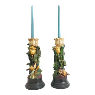 Majolica Candlesticks Pair For Sale