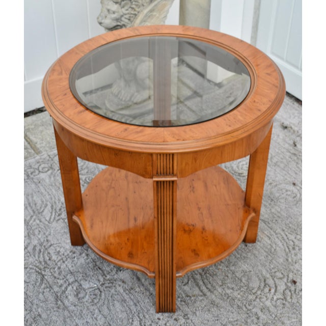 Drexel Heritage Yew Wood End Table Vintage Regency Burl Round Side Glass Top 24” For Sale - Image 10 of 13