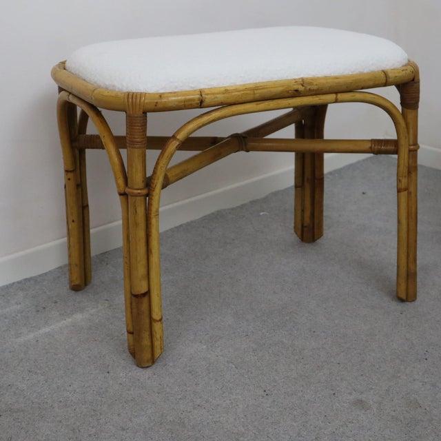 White Pair of 1970s Italian Rattan and Bamboo Stools With White Boucle Upholstery For Sale - Image 8 of 9