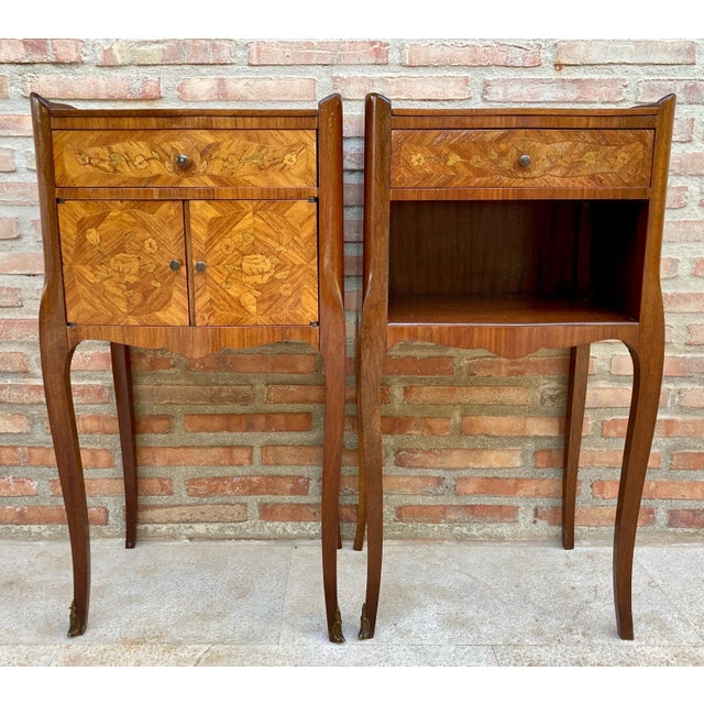 Pair of French Marquetry Bedside Tables with Drawer and Cabinet, 1940s For Sale - Image 6 of 13