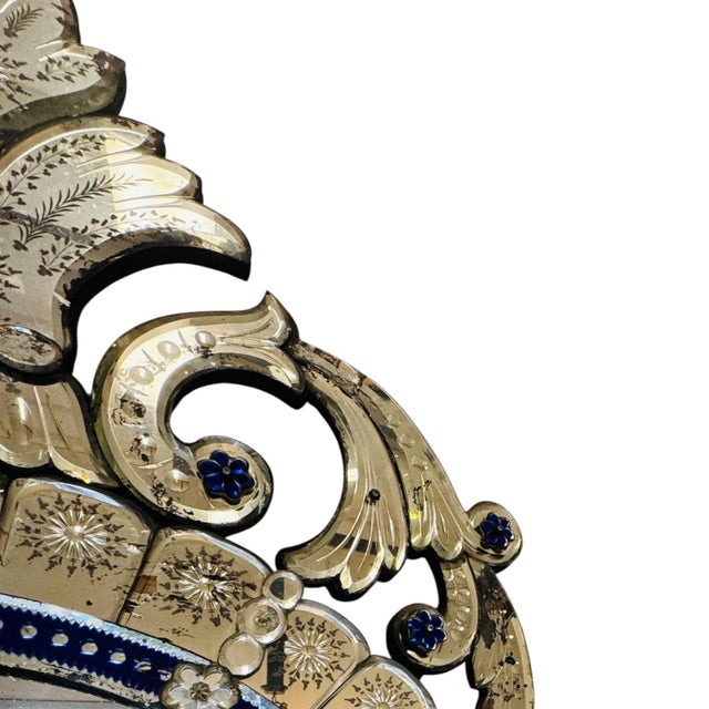 Early 20th Century Early 20th Century Venetian Mirror With Cobalt Glass: Antique Murano-Style Etched Mirror For Sale - Image 5 of 11