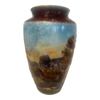Antique Late 19th Century French Countryside Chateau Painted Enamel on Copper Scenic Vase Signed and Marked France Circa 1900 For Sale
