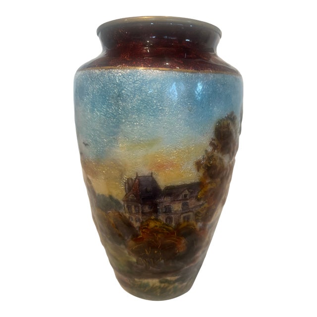 Antique Late 19th Century French Countryside Chateau Painted Enamel on Copper Scenic Vase Signed and Marked France Circa 1900 For Sale