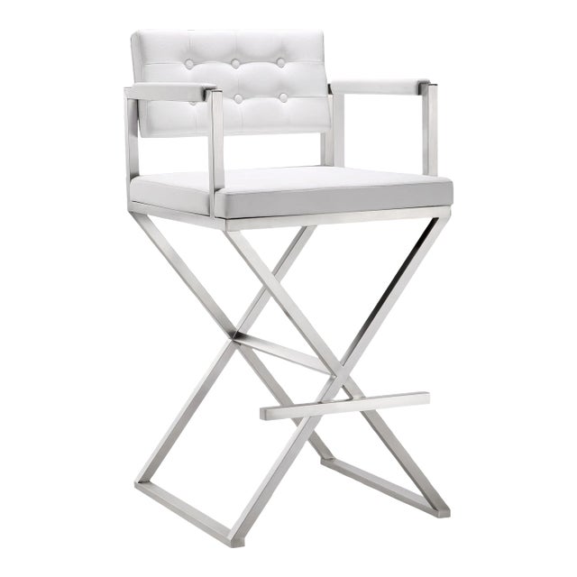 Director White Vegan Leather & Steel Bar Stool For Sale