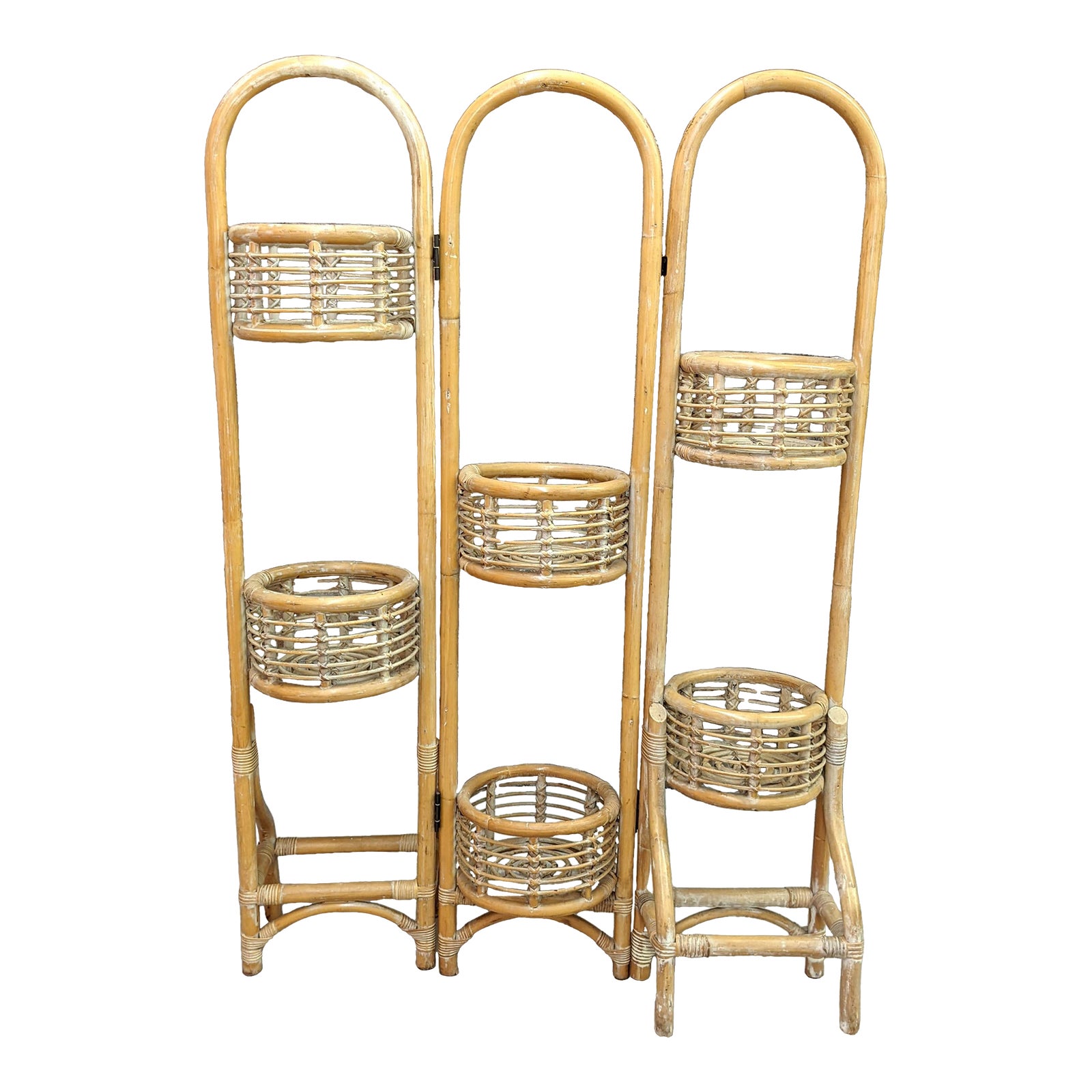 Vintage Boho Chic Distressed Rattan Folding Plant Stand Room Divider