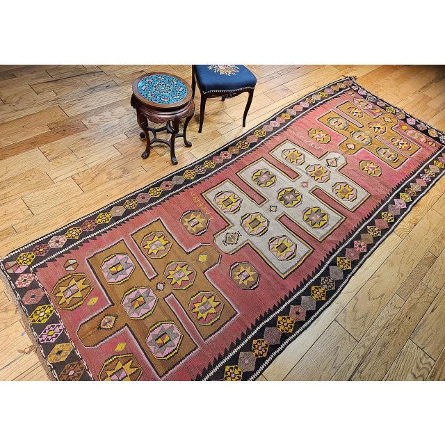 Early 20th Century Vintage Anatolian Turkish Kilim Gallery Rug, Flat-Woven Geometric Pattern, Pink & Yellow, 5x13 For Sale - Image 5 of 14