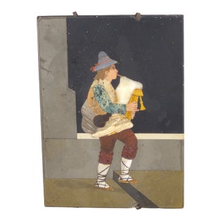 Antique Italian Art Pietra Dura Plaque Bagpipe Musician For Sale