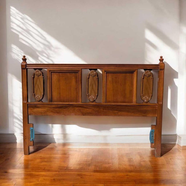 1960s Mid-Century Carved Wood Full-Size Headboard. A vintage full-size headboard combining a warm wood frame with inset...