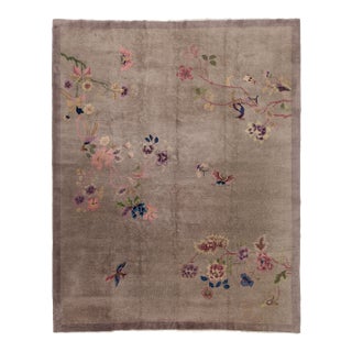 1920s Antique Chinese Art Deco Rug Floral & Bird Motif in Taupe & Amethyst For Sale