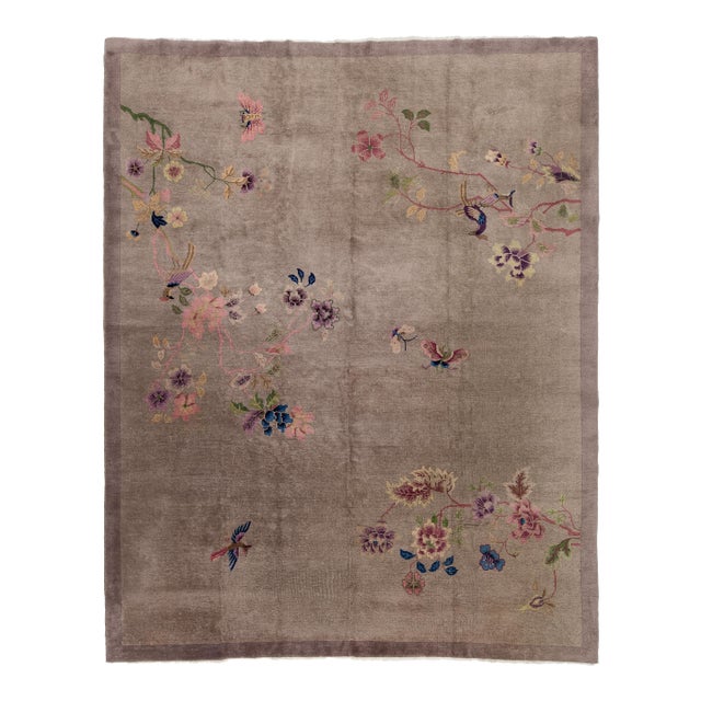 1920s Antique Chinese Art Deco Rug Floral & Bird Motif in Taupe & Amethyst For Sale