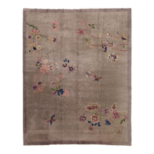 1920s Antique Chinese Art Deco Rug Floral & Bird Motif in Taupe & Amethyst