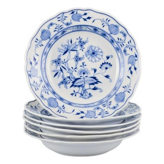 Deep Porcelain Plates with Blue Onion Pattern, Meissen, Germany, Set of 6 For Sale