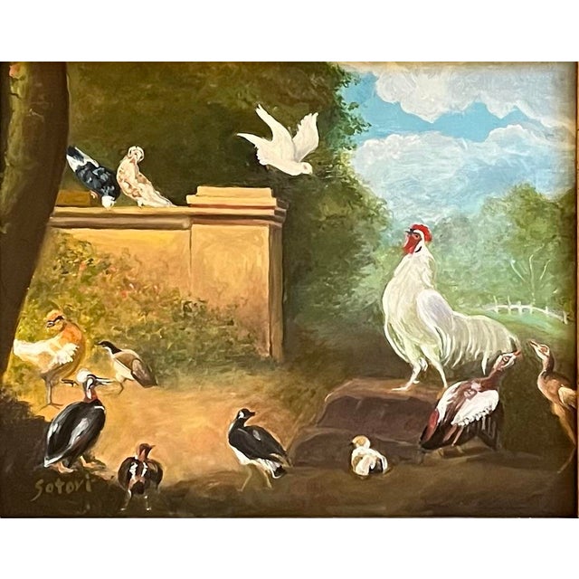 Oil painting in the manner of M. de Hondecoeter on board of a crowing rooster with ducks, pigeons, geese, and guinea fowl...