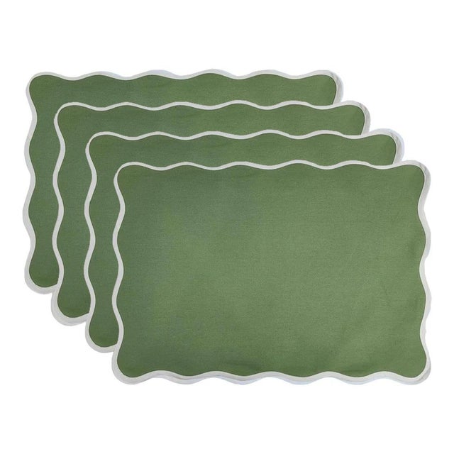 Handmade Scalloped Placemats, Grass Green with White Piping Set of 4