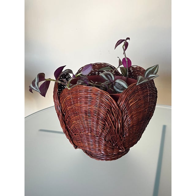 Wood Finely Woven Mahogany Toned Rattan Planter For Sale - Image 7 of 7