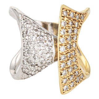 80s Vintage Diamond Ring Sculptural Bypass Sz 8.5 Cocktail Band Fine Jewelry For Sale