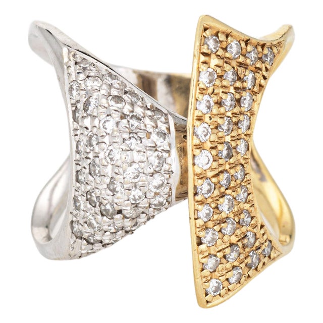 80s Vintage Diamond Ring Sculptural Bypass Sz 8.5 Cocktail Band Fine Jewelry For Sale