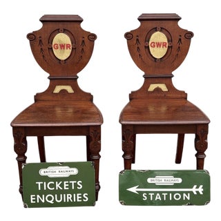 Enamel Railway Signs and Waiting Room Chairs, Set of 4 For Sale
