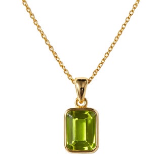 Natural Peridot Emerald Cut Bezel Set Pendant, August Birthstone Statement Pendant for Women For Sale