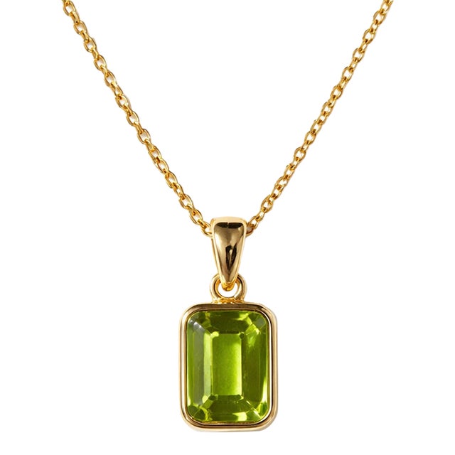 Natural Peridot Emerald Cut Bezel Set Pendant, August Birthstone Statement Pendant for Women For Sale