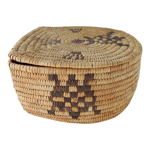 Vintage Papago Hand Woven Covered Basket Turtle Design For Sale
