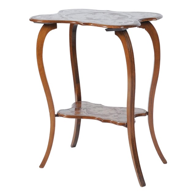 Antique Floral Pokerwork Two-Tier Side Table With Scalloped Top For Sale
