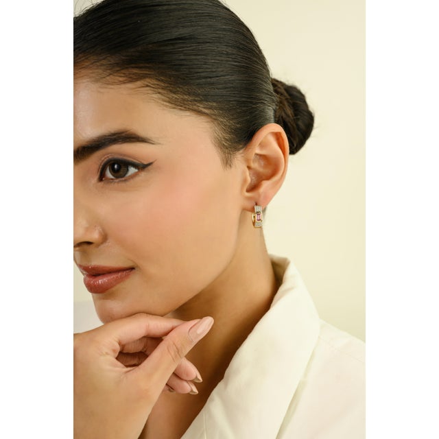 14k Yellow Gold Octagon Sapphire & Diamond Pink Contemporary Hoop Earrings- A Pair For Sale - Image 4 of 12