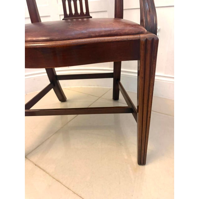 Antique Victorian Hepplewhite Mahogany Shield Back Dining Chairs with Carvers in Tan Leather, 1890, Set of 8 For Sale - Image 14 of 18