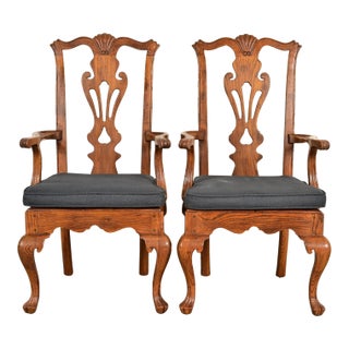 Henredon Georgian Carved Solid Oak Armchairs, Pair For Sale