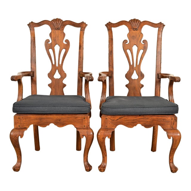 Henredon Georgian Carved Solid Oak Armchairs, Pair For Sale