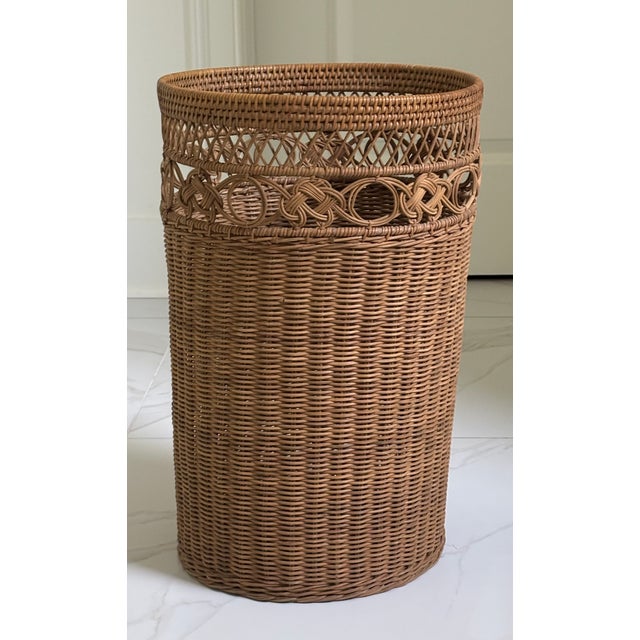 Vintage Palm Beach Style Handwoven Rattan Umbrella Stand or Cane Holder With Decorative Openwork Knot Motif For Sale - Image 9 of 11